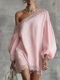 Purpdrank  Casual Loose Long Sleeve Mini Dress Women Summer Fashion One Shoulder Pink Lace Short Dresses Elegant