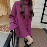Purpdrank  Stylish High Collar Mid-Length Women's Knitwear Sweater Loose Striped Base Layer Autumn Winter New Lazy Style Top Shirt