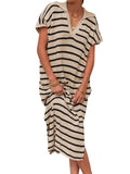 Purpdrank  Women Dress Long Dresses Knitted Turn Down Collar Short Sleeve Print Striped Casual Loose Elegant Splice Summer Vestidos