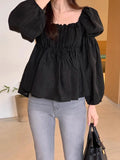 Purpdrank  Chic Autumn New Sle Women's irt Sweet Personali Square Collar Pleated Design Slimming Long Sve with Lace Hem