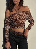 Purpdrank  Leopard Print T-Shirt Women's Slash Neck Off Shoulder Long Sleeve Slim Tops Spring New Vintage Fashion Sexy T-Shirts
