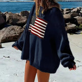 Purpdrank  Retro American Style Streetwear Star Flag Pattern Loose Fit Crewneck Pullover Knit Sweater Women's Top