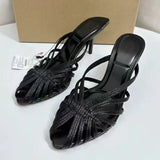 Purpdrank  Golden Narrow Band Design Brand High Heel Slippers Women Fashion Pointed Toe Thin Heel Slide Sandals Elegant Banquet Dress Shoes