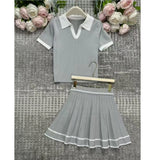 Purpdrank  Summer 2 pieces Knitted Women's Sets Polo Collar Short Sleeve Tops and Pleated Sexy Mini Skirts Outfits Suit for Female