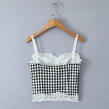 Purpdrank  Sexy Black White Plaid Spliced Lace With Wire Chest Corset Camis Women Side Zipper Crop Top Camisoles Bra Tank Vest