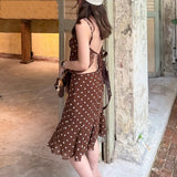Purpdrank  Sexy Coffee Polka Dot Chiffon Lacing up Backless Camisole Tank Top + Zipper Low Waist Knee Length Mermaid Skirt 2 Pieces 1 Set