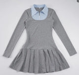 Purpdrank  Korean Preppy Style Grey Dress Women's Patchwork Lapel Collar Button Long Sleeve Slim Fake Two-Piece Pleated Mini Dress