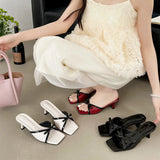 Purpdrank  High Quality Patent Leather Square Toe Bow Design Slippers Women Fashion Open Toe Thin Heel Slide Sandals Summer Elegant Sandals