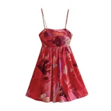 Purpdrank  Holiday Tie-dye Flower Print Slash Collar Ruched Chest Mini Sling Dress Sexy Low Back Backless Robe BOHO Summer Vestido