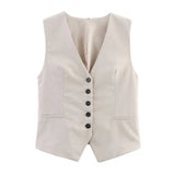 Purpdrank  Women Fashion V Neck Sleeveless Linen Style Vest Jacket Office Lady Single Breasted Casual Slim WaistCoat Tops CT9366