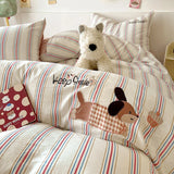 Purpdrank  Cute Cartoon Embroidery Stripe Bedding Set Washed Cotton Soft Four Piece Sets Pillowcase Duvet Cover Set 200x230cm Home Textiles