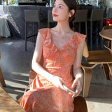 Purpdrank  French Style Floral Chiffon Dress Women Summer New Ruffles Lace-up V-Neck Slim Long Dresses Gentle Style Beach Vacation Dress