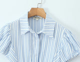Purpdrank  Stylish Blue White Striped Lapel ollar Short Puff Sleeve Shirt Women Slim Waist Open Buttons Crop Blouse Girl's Tops