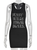 Purpdrank - Letter Printed Diamonds Mini Dress Women Casual Sleeveless Body-Shaping Female Clothing Workout Harajuku Hip Skirt New