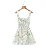 Purpdrank  Princess Floral Print Front Cross Lacing Up Ruched Elastic Low Waist Sling Dress Women Swing A-lined Mini Tank Dresses Robe