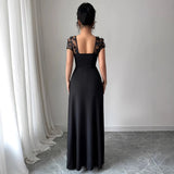Purpdrank   Women's Formal Maxi Dress Square Neck Floral Sheer Long Sleeve Ruched Split Evening Gown