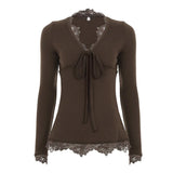 Purpdrank  American Retro Y2k Sexy Sweet Lace Bow V Neck Long Sleeve Slim Solid Streetwear T-Shirts