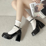 Purpdrank - Vintage High Heels Mary Jane Shoes for Women 2023 Patent Leather Platform Pumps Woman Pearls Chain Thick-Heeled Shoes Female