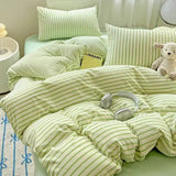 Purpdrank  INS Nordic Bedding Set - 4PC Green/Pink Striped Duvet Cover (Girls' Quilt Set, Queen/King Size Home Decor)