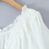 Purpdrank  Sweet White Embroidery Hollow Out Hole Splice Lace Elastic U Collar Short Sleeve Shirt Women Center Buttons Slim Crop Tops