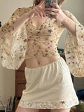 Purpdrank  French Style Y2k Vintage Summer V Neck Three Quarter Sleeve Flower Print Slim Women Blouse