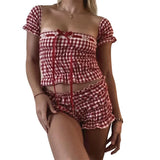 Purpdrank  2 Piece Set y2k Women Outfit Plaid Lace Trim Tie Up Square Neck Short Sleeve Tops and Low Waist Shorts 2000s Streetwear