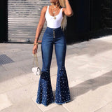 Purpdrank  Casual Elastic Slimming Jeans High Waist Flared Pants Long Trousers Denim Fabric Folded Spring Summer Blue Jeans for Women