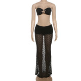 Purpdrank  Sexy Beach Vacation Two Piece Womens Sheer Lace Dress Sets Summer Fashion Starfish Sequined Tube Top and Long Skirts Outfit