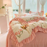 Purpdrank  Fashion Flower Bedding Set Bed Sheet Cute Princess AB Double Sided Ruffle Flower Quilt Cover Pillowcase Bedclothes Home Textiles