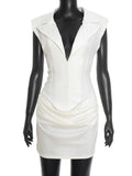 Purpdrank  Elegant Sleeveless Bodycon Dress for Women Fashion Solid Deep V Neck Shoulder Padded Slim Ruched Office Date Night Outfit