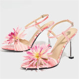 Purpdrank  Pink Flower Embellished Heeled Sandals Women Fashion Ankle Strap Buckle Brand Designer Shoe Elegant Pointed Toe Party Dress Shoe