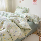 Purpdrank  Cute Floral Duvet Cover Set Ins Korean Style with Flat Sheet Pillowcase No filler Washed Cotton Queen Full Twin Home Bed Linen