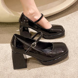 Purpdrank  Vintage Chunky High Heels Mary Jane Shoes for Women Patent Leather Platform Pumps Woman Square Toe Thick Heel Black Lolita Shoes