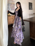 Purpdrank  Spring New Women French Sleeveless Retro Camisole Dress Irregular Mesh Printed Dress Slim Ruffles Long Fairy Dress