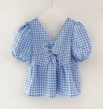 Purpdrank  Summer Vintage Plaid Puff Sleeve Women's Blouses 2025 New Short Sleeve V-neck Casual Slim Shirts for Womens