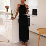 Purpdrank  Holiday Fashion Women Hollow-out Backless Long Skirt Suit Slim Outfit 2025 Spring Summer Chiffon Solid Halter Top Two Piece Set