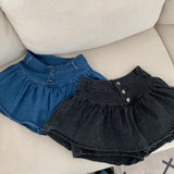 Purpdrank  Summer Women's Denim Short Skirts 2025 New Blue Washed High Waist Pleated Buttons Ruffles Jeans Shorts for Women