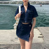 Purpdrank  Casual Solid Pocket Commuting Outfits Summer Women's V Neck Top with Shorts Two Piece Vintage Street High Waist Denim Suit
