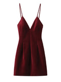 Purpdrank  Red Velvet Halter Short Dress Velvety V-Neck Fashion Sleeveless Elegant Waist Cinching French Dress Party Gown Women's Clothing