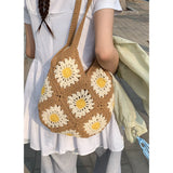Purpdrank  Ethnic Style Sunflower Woven Bag for Women New Fashionable Tote Vacation Style Beach Bags