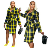 Purpdrank  Elegant Plaid Print Office Lady Two Piece Set Women Business Party Long Sleeve Notched Button Top and Mini Skirts Matching Sets