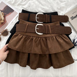 Purpdrank  Tiered Ruffled Mini Skirt with Belt Built-in Shorts Thick Wool High Waisted Short Skirt Women Teen-girl Autumn Winter Y2K Outfit