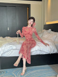 Purpdrank  Sexy Long Sleeve Lace Cheongsam Dress Waist Cinched Maxi Skirt for Women Southeast Asia Cross Border Elegant Commute Style