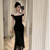 Purpdrank  Elegant Slim Fit Long Dress Summer New Style Tea Break Fish Tail Gown Square Collar Ladylike Pleated A-Line Dress