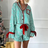 Purpdrank  Women Christmas 2 Piece Pajama Set Bowknot Striped Print Long Sleeve Button Down Shirt Tops Elastic Shorts Holiday Sleepwear