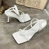 Purpdrank  New Fashion Pinch Narrow Band Women Sandals 2025 Summer Square Open Toe Ankle Buckle Strap High Heels Ladies Shoes