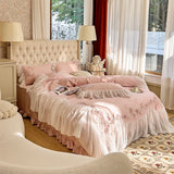 Purpdrank  Vintage French Beige Pink Lace Ruffles Flowers Embroidery Bedding Set Egyptian Cotton Quilt/Duvet Cover Set Bed Sheet Pillowcase