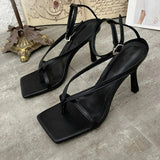 Purpdrank  New Fashion Pinch Narrow Band Women Sandals 2025 Summer Square Open Toe Ankle Buckle Strap High Heels Ladies Shoes