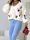 Purpdrank  Women's Autumn Winter Sweater Chic Fashion Solid Color Long Sleeve V-Neck Single Breasted Floral Casual Sweater