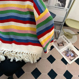 Purpdrank  Chic Rainbow Stripe Colourful Tassel Sweater Outer Wear Women Autumn Winter Y2k Loose Lazy Design Knit Top Pullover Fairy Grunge